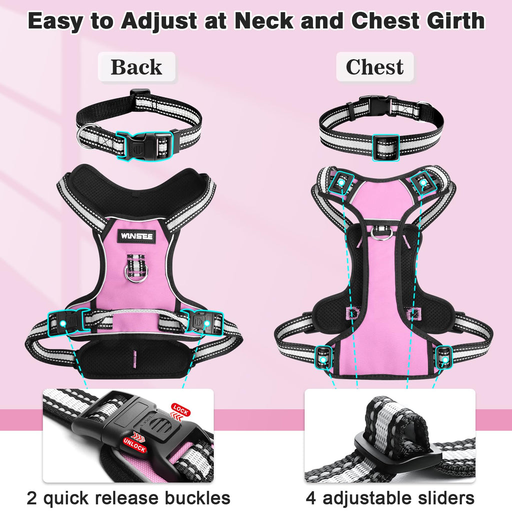 WINSEE No Pull Dog Harness Large - Adjustable Reflective Vest with Handle and Collar - Pink