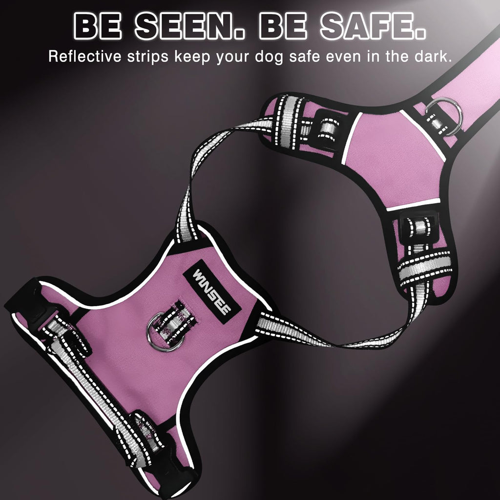 WINSEE No Pull Dog Harness Large - Adjustable Reflective Vest with Handle and Collar - Pink