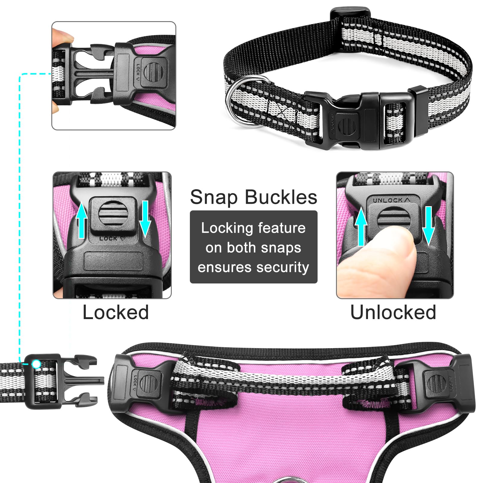 WINSEE No Pull Dog Harness Large - Adjustable Reflective Vest with Handle and Collar - Pink