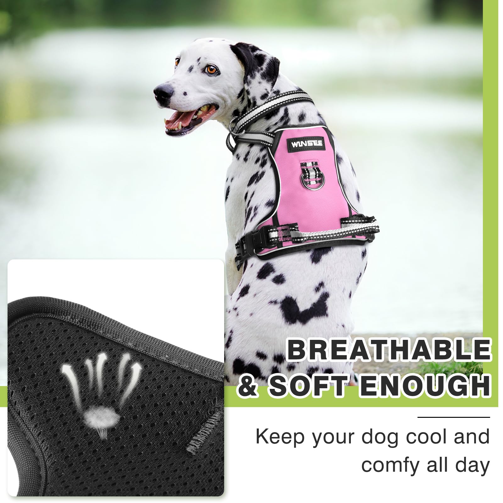 WINSEE No Pull Dog Harness Large - Adjustable Reflective Vest with Handle and Collar - Pink