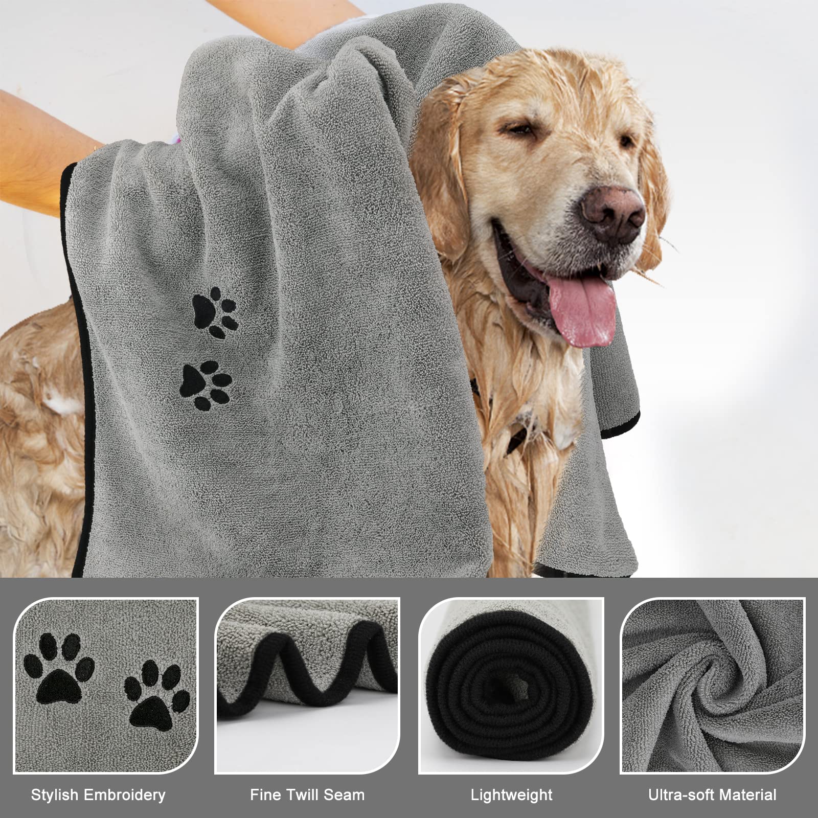 Wipela 2-Pack Microfiber Pet Bath Towel - 20x35 Inches, Grey, Ultra Absorbent for Dogs and Cats