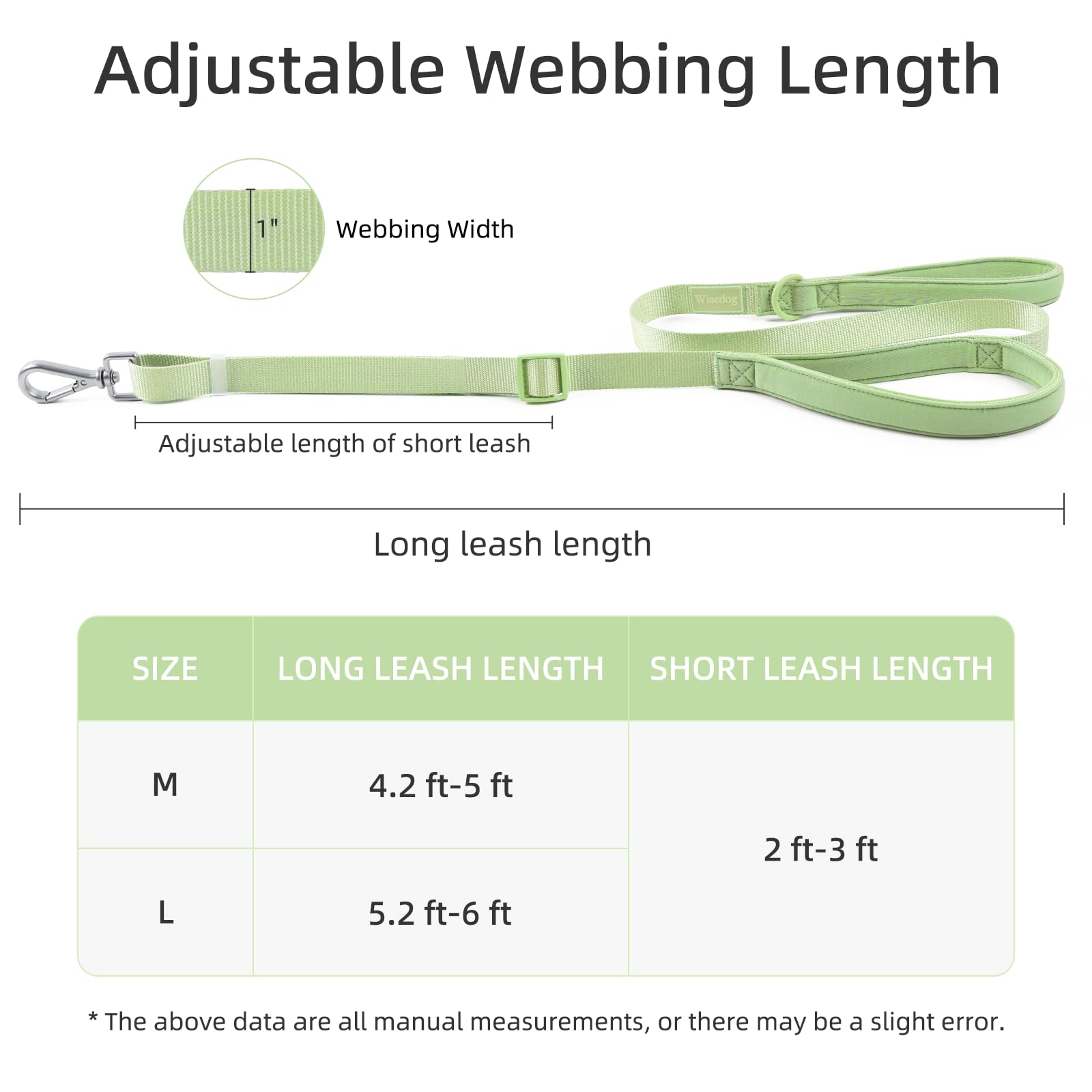 Wisedog Dog Leash with Two Handles - Soft Padded Control with Poop Bag Holder, Adjustable 4.2-5 ft, Heavy Duty for Medium & Large Dogs (Sage Green)