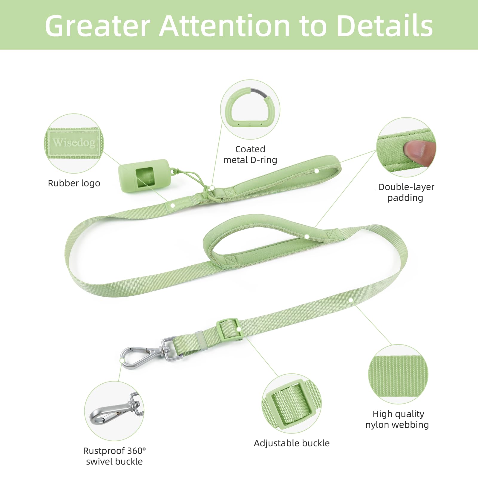 Wisedog Dog Leash with Two Handles - Soft Padded Control with Poop Bag Holder, Adjustable 4.2-5 ft, Heavy Duty for Medium & Large Dogs (Sage Green)