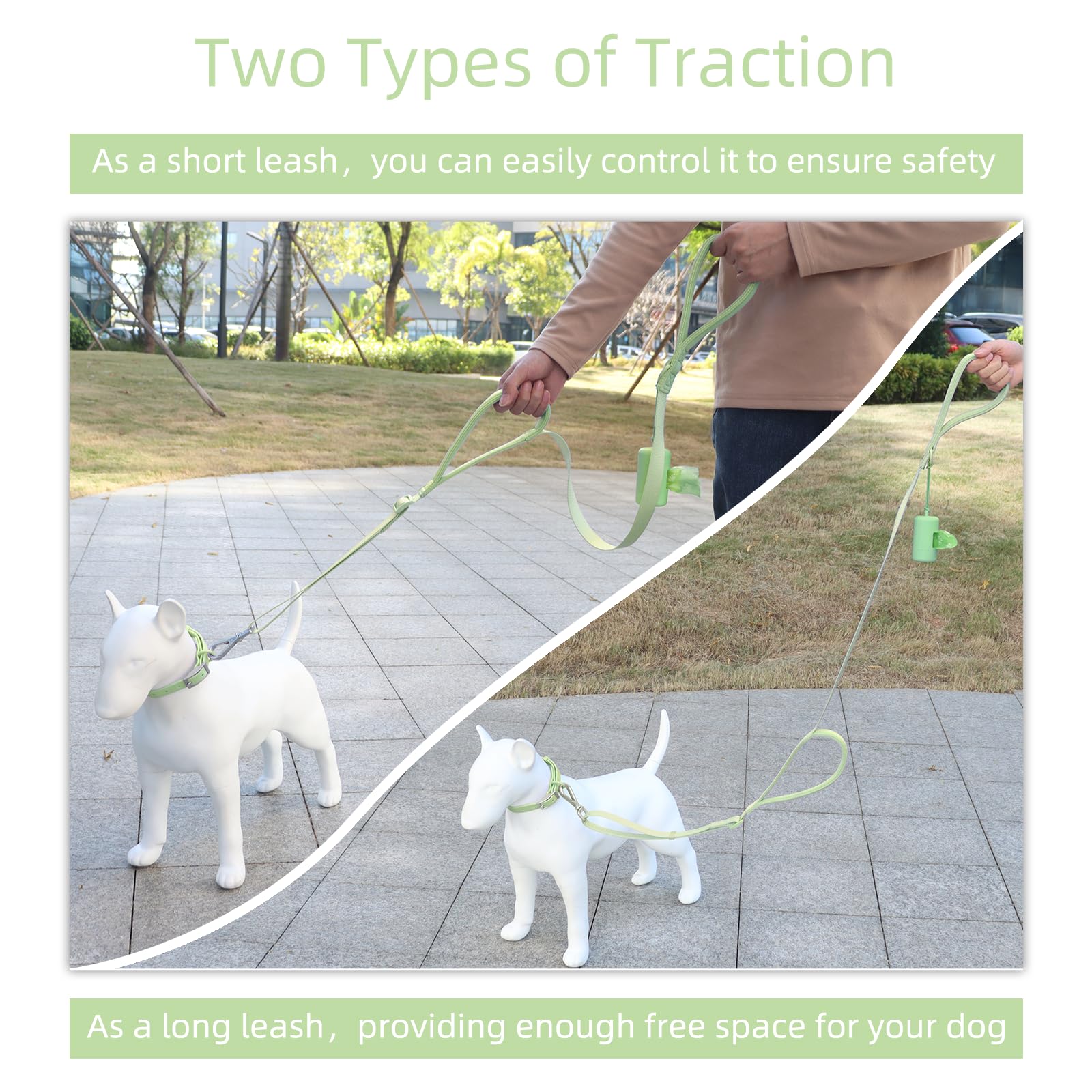 Wisedog Dog Leash with Two Handles - Soft Padded Control with Poop Bag Holder, Adjustable 4.2-5 ft, Heavy Duty for Medium & Large Dogs (Sage Green)
