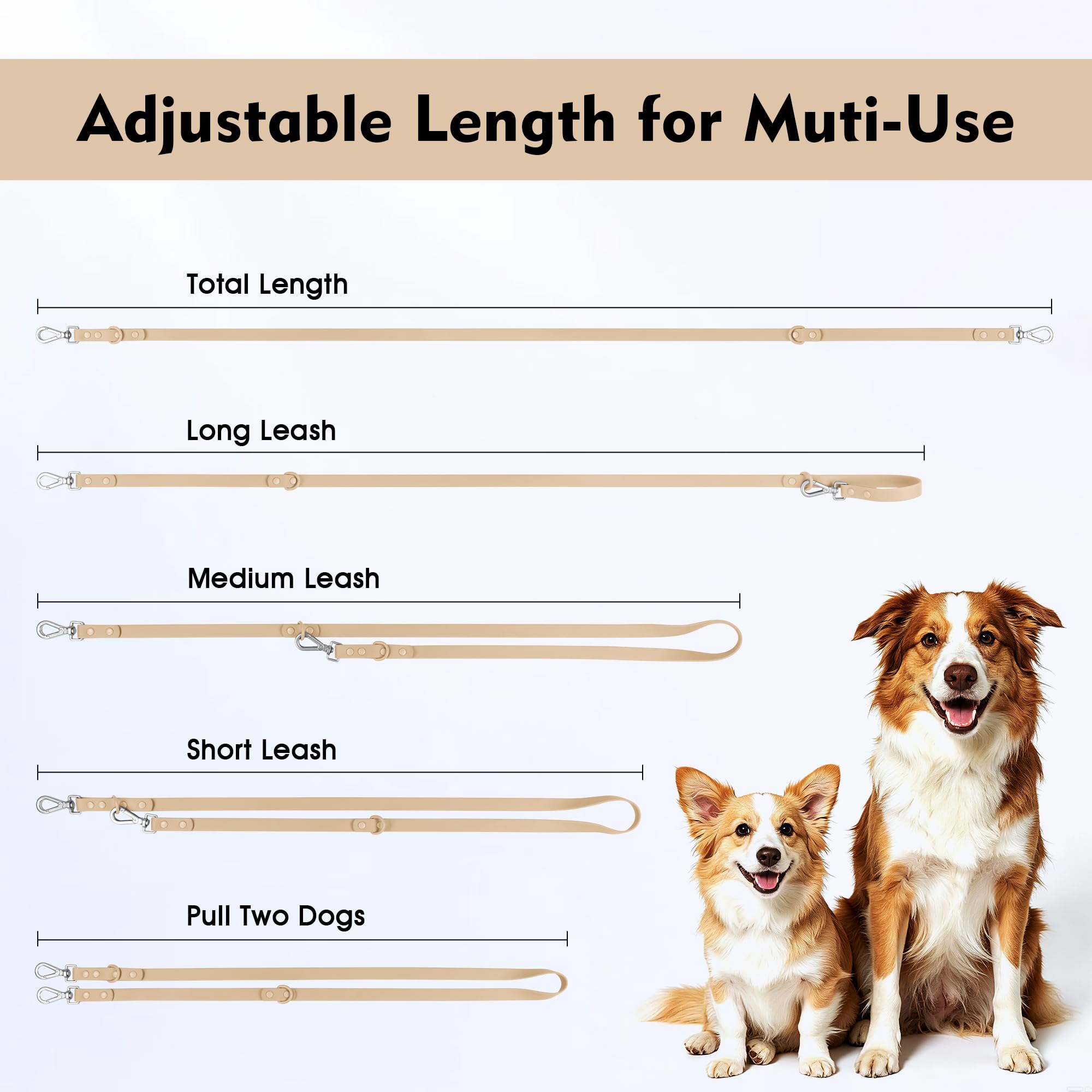 Wisedog Waterproof Dog Leash – 5ft/6ft Adjustable PVC Leash with Metal Swivel Hooks, Easy to Clean, Sand Color M