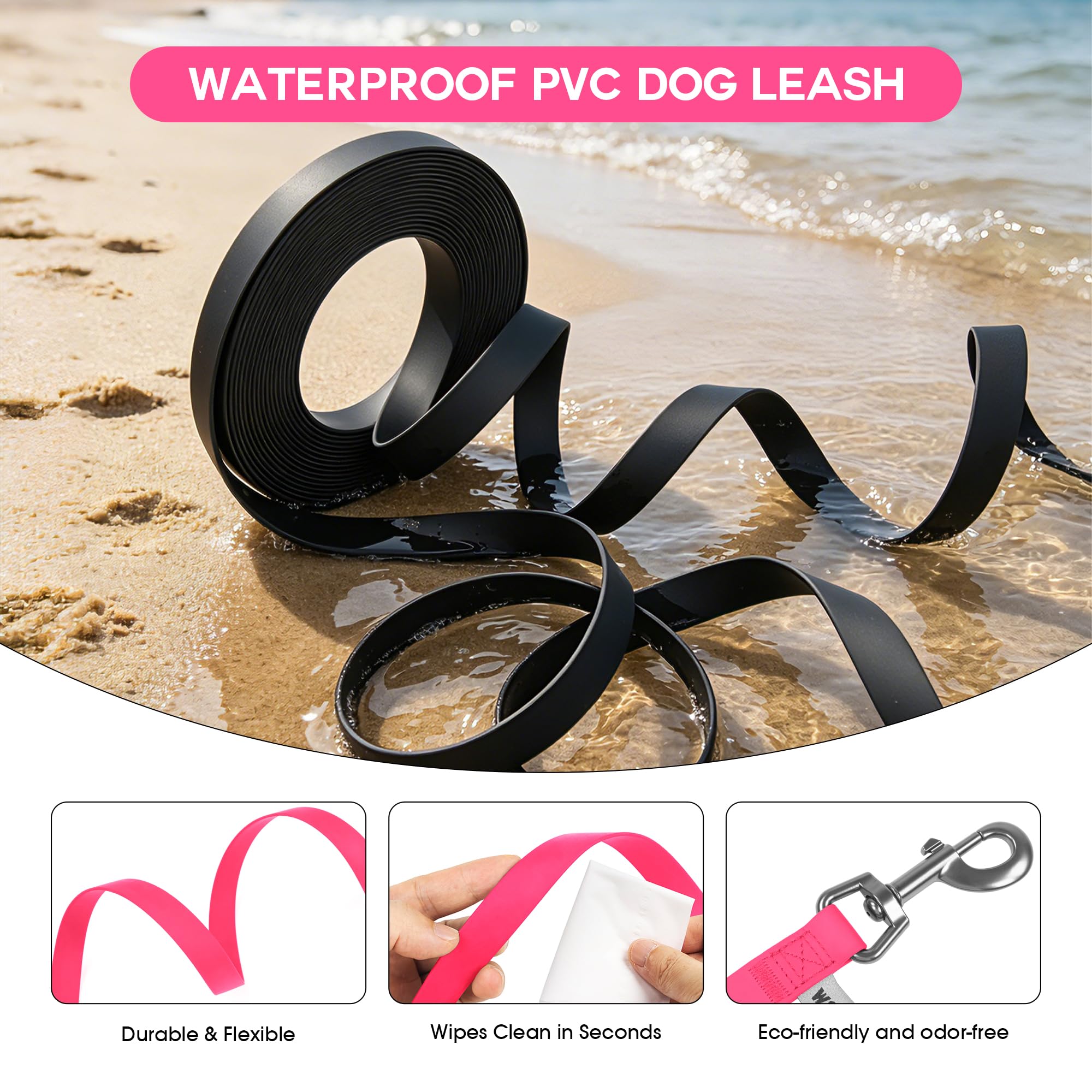 Wolfone 20ft Pink Long Leash – Waterproof Training Leash for Recall, Swimming, Camping & Beach