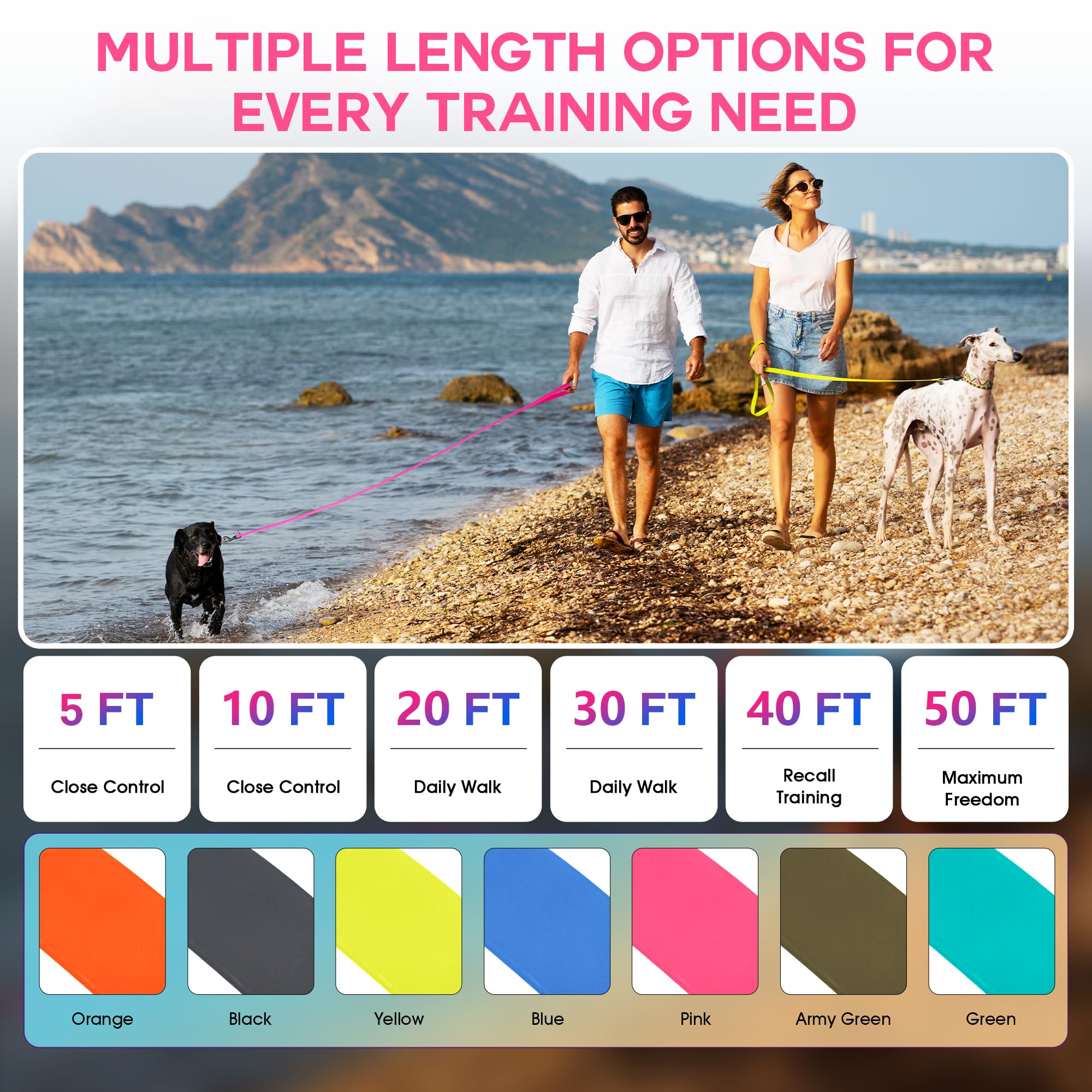Wolfone 20ft Pink Long Leash – Waterproof Training Leash for Recall, Swimming, Camping & Beach