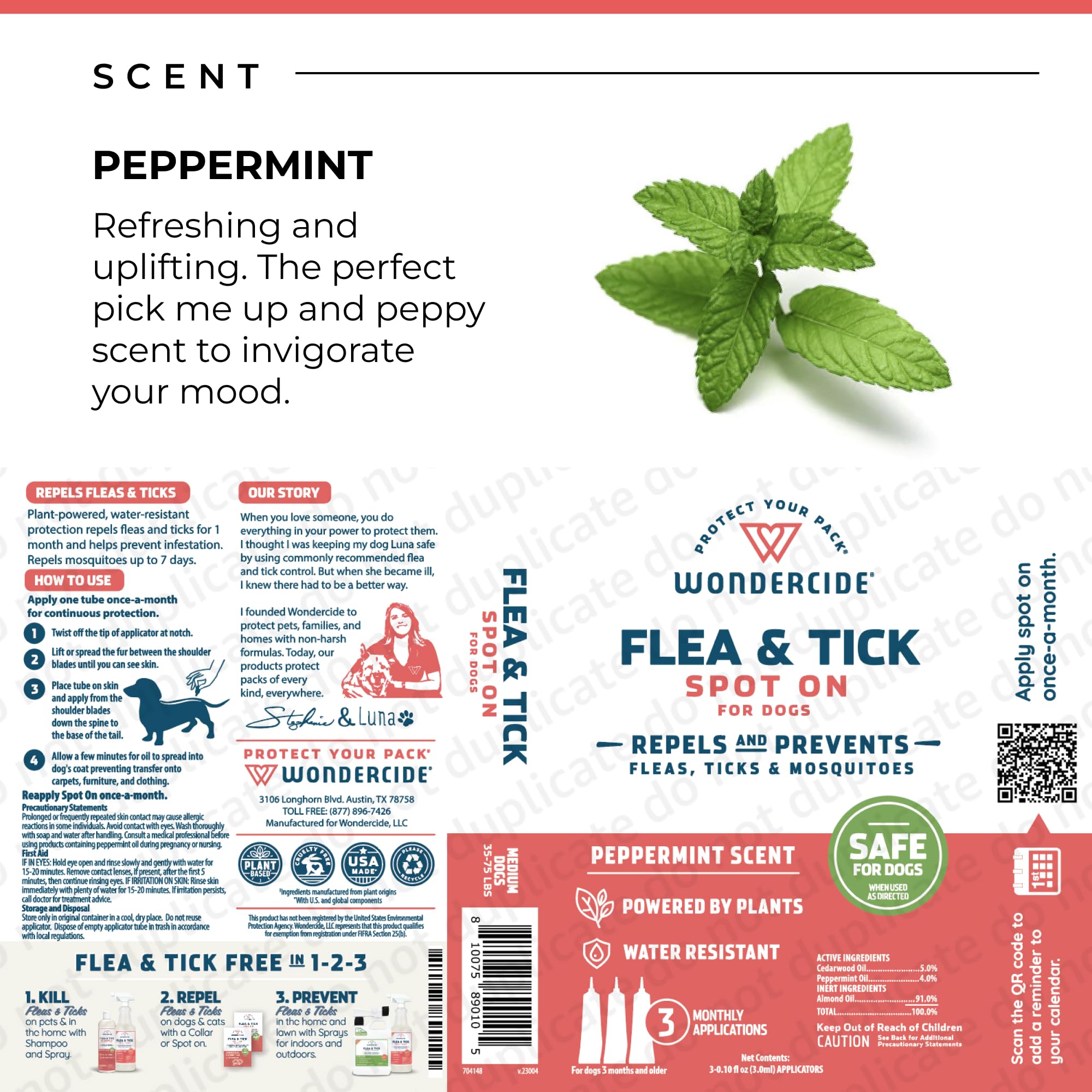 Wondercide Flea & Tick Spot On for Medium Dogs (20–35 lbs) – 3-Month Supply of Peppermint-Scented, Plant-Based Topical Drops