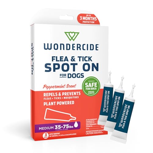 Wondercide Flea & Tick Spot On for Medium Dogs (20–35 lbs) – 3-Month Supply of Peppermint-Scented, Plant-Based Topical Drops