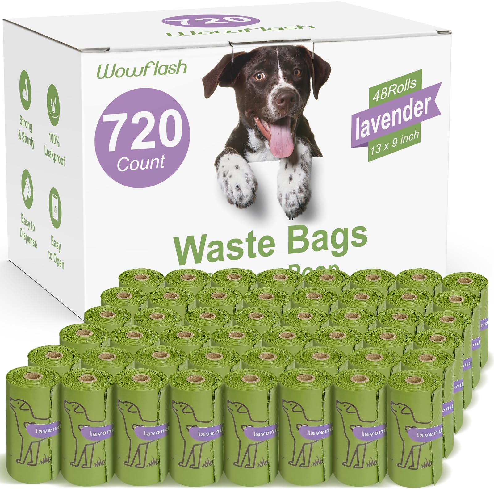 Wowflash 720-Count Lavender Scented Dog Poop Bags – Leakproof, Strong, 13” x 9” Rolls