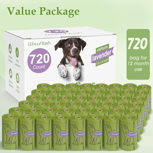 Wowflash 720-Count Lavender Scented Dog Poop Bags – Leakproof, Strong, 13” x 9” Rolls
