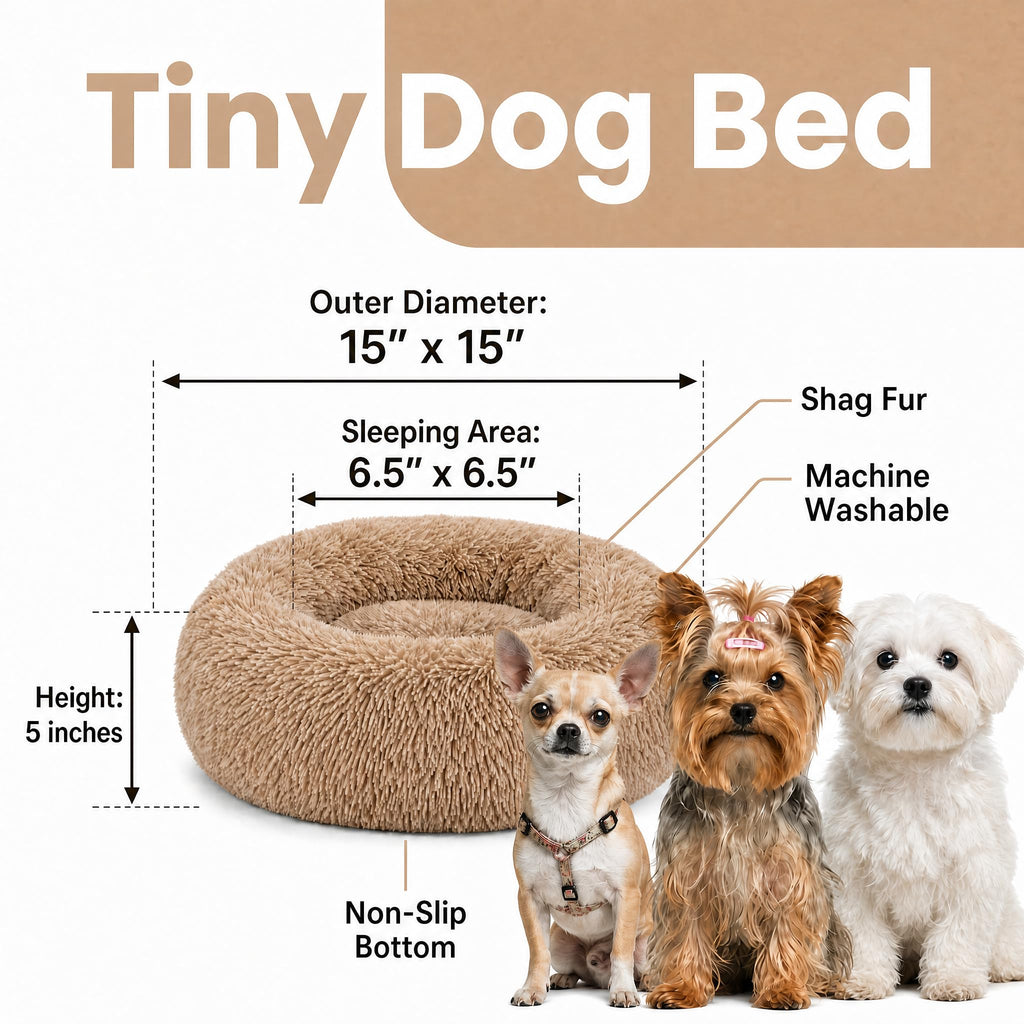 wrkfree 15-Inch Tiny Dog Bed: Soft Faux Fur Donut Bed for Extra Small Breeds (Brown)