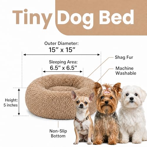 wrkfree 15-Inch Tiny Dog Bed: Soft Faux Fur Donut Bed for Extra Small Breeds (Brown)