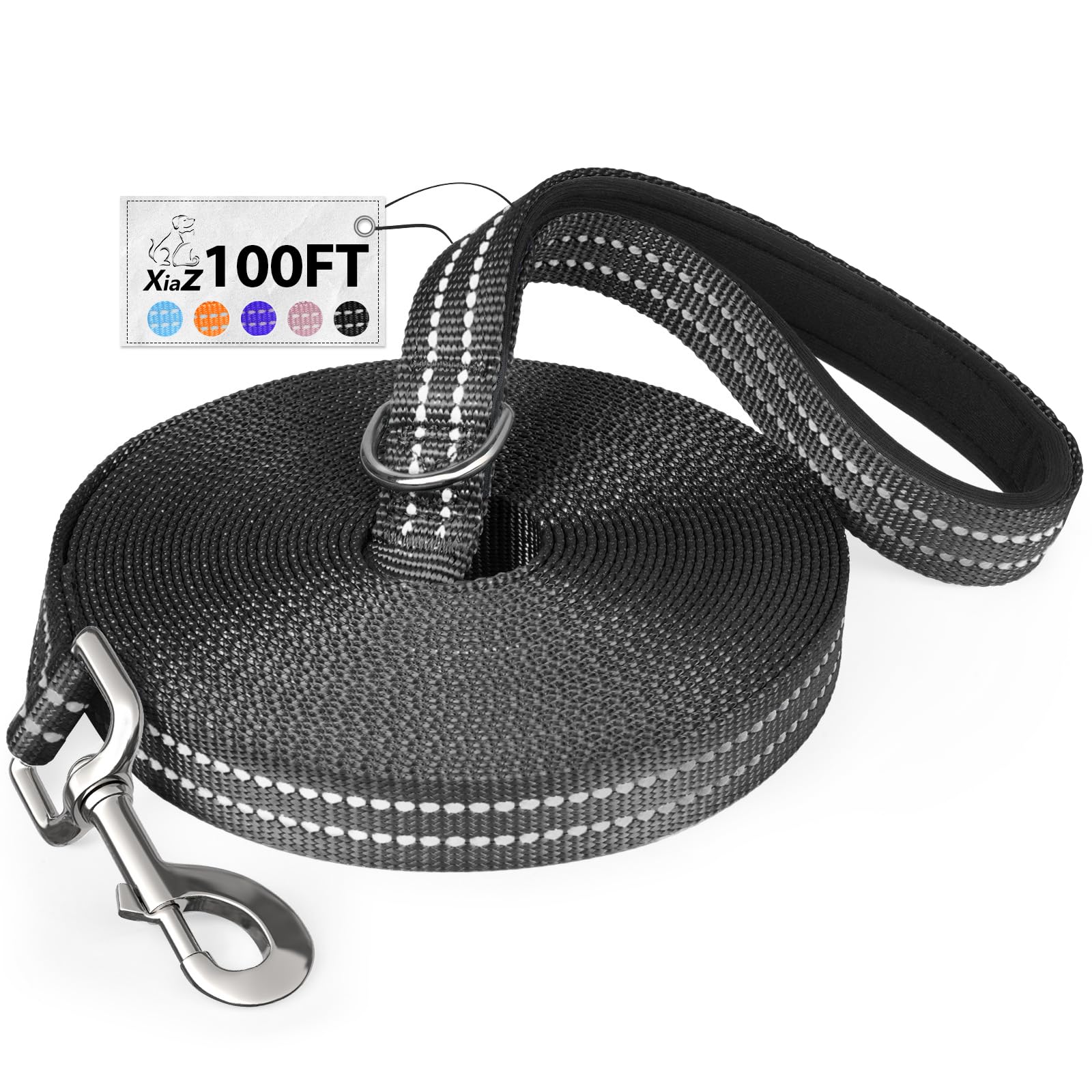 XiaZ 100-Foot Dog Training Leash – Heavy Duty Nylon with Padded Handle, Reflective Strips & 550 LBS Bearing