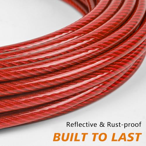 XiaZ 25ft Heavy Duty Dog Tie-Out Cable – Red, Lockable Swivel Clasp, Reflective Vinyl Coating, Holds 125 lbs