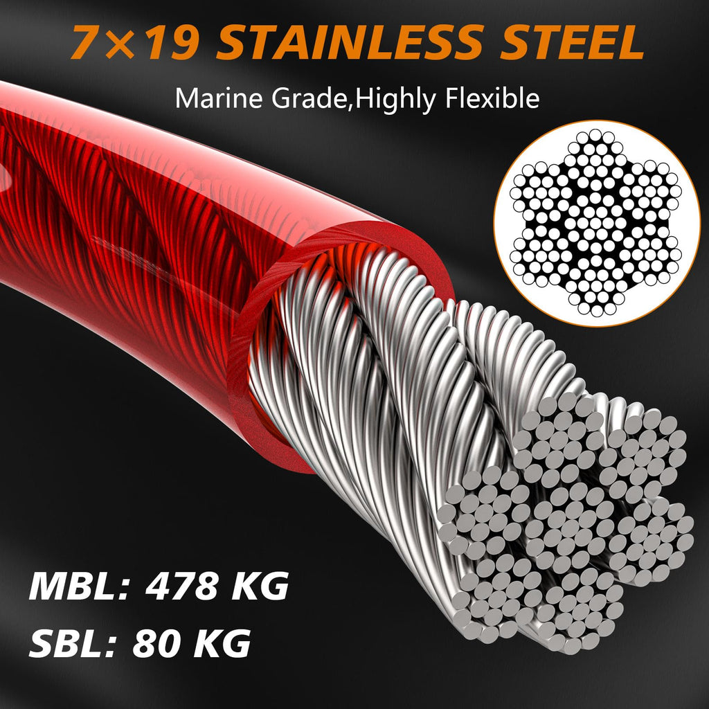 XiaZ 25ft Heavy Duty Dog Tie-Out Cable – Red, Lockable Swivel Clasp, Reflective Vinyl Coating, Holds 125 lbs