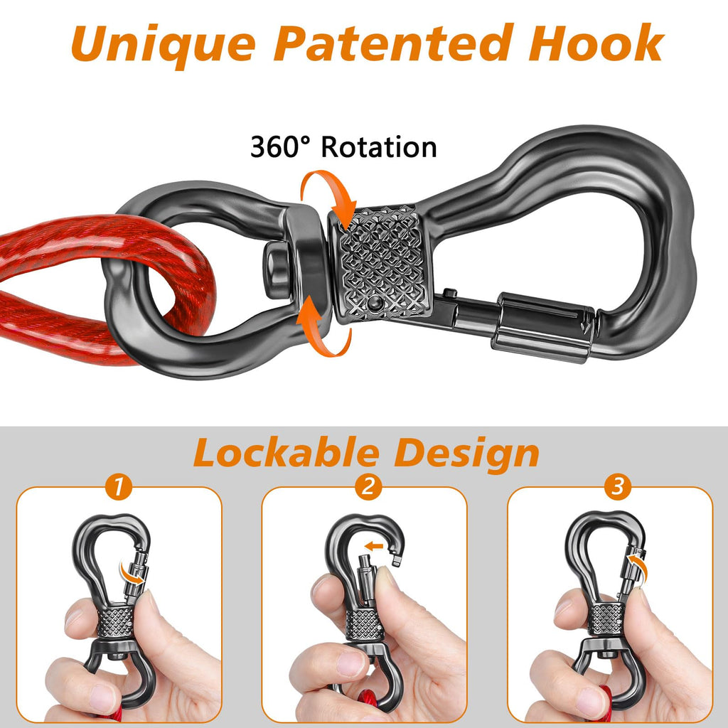 XiaZ 25ft Heavy Duty Dog Tie-Out Cable – Red, Lockable Swivel Clasp, Reflective Vinyl Coating, Holds 125 lbs