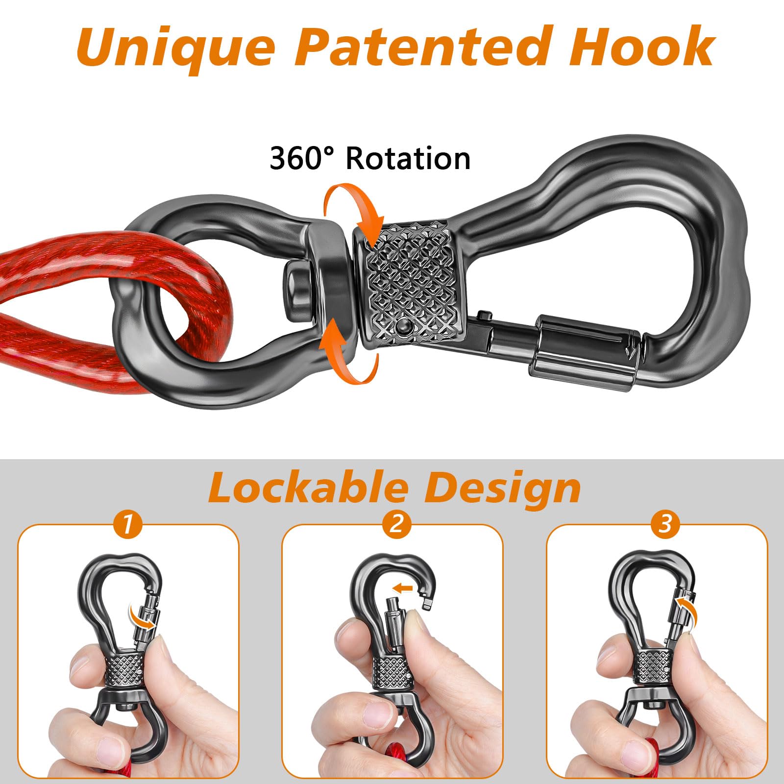 XiaZ 25ft Heavy Duty Dog Tie-Out Cable – Red, Lockable Swivel Clasp, Reflective Vinyl Coating, Holds 125 lbs