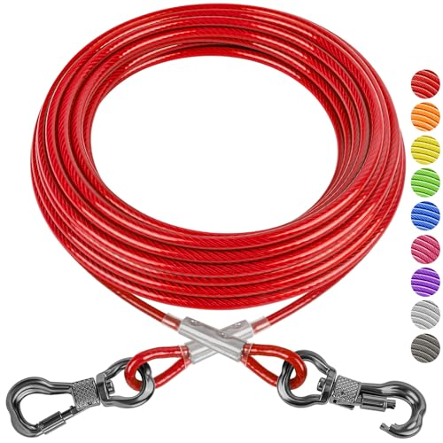 XiaZ 25ft Heavy Duty Dog Tie-Out Cable – Red, Lockable Swivel Clasp, Reflective Vinyl Coating, Holds 125 lbs