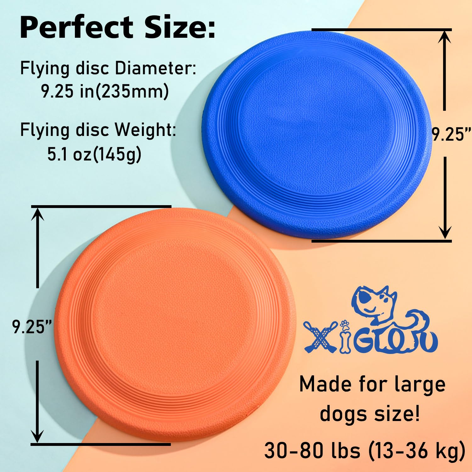 XIGOU Dog Flying Disc 2-Pack – Durable 9.25" EVA Fetch Toy for Medium Large Dogs