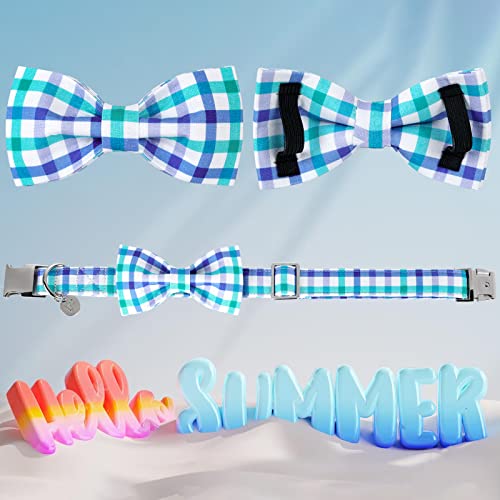 XL Blue Grid Dog Collar with Detachable Bow Tie - Adjustable Cotton Collar for Large Dogs