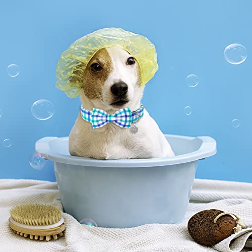 XL Blue Grid Dog Collar with Detachable Bow Tie - Adjustable Cotton Collar for Large Dogs