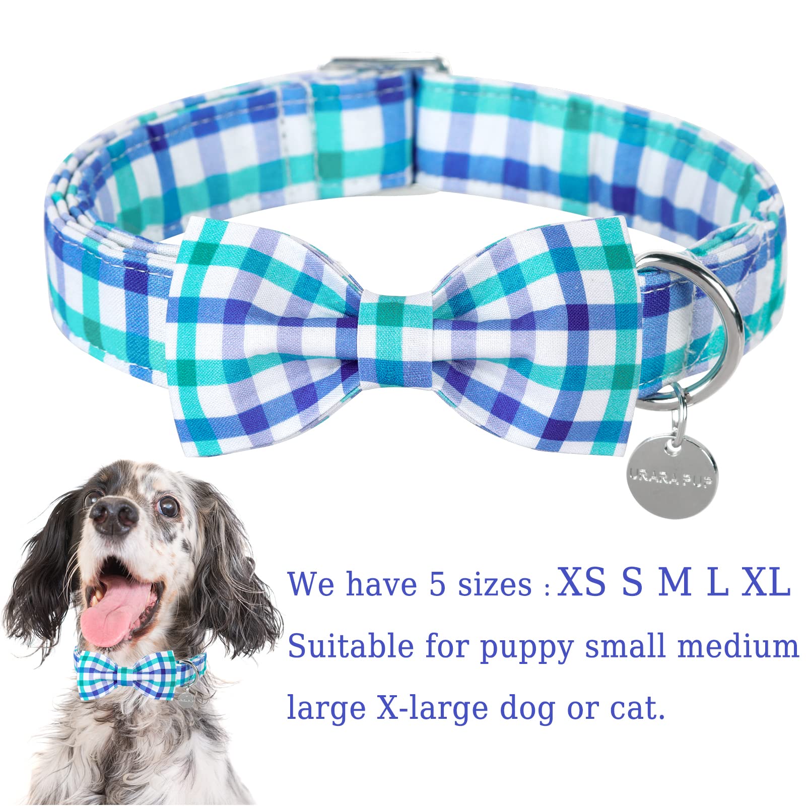 XL Blue Grid Dog Collar with Detachable Bow Tie - Adjustable Cotton Collar for Large Dogs