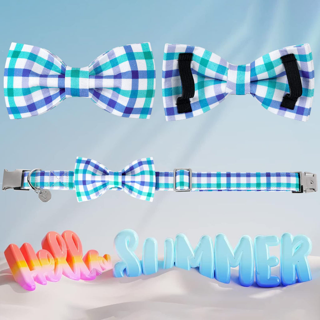 XL Blue Grid Dog Collar with Detachable Bow Tie - Adjustable Cotton Collar for Large Dogs