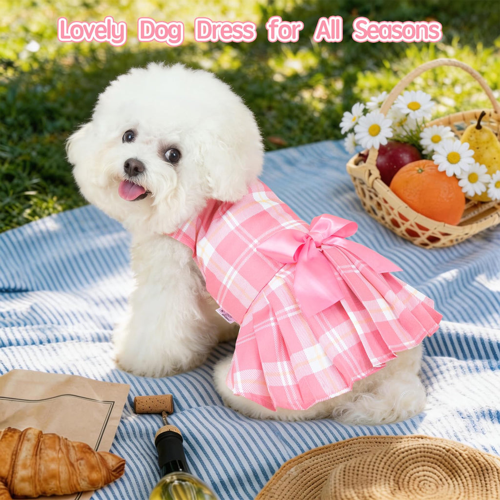 XPUDAC 4 Pack Plaid Dog Dress for Small Dogs – Sweet Bowknot Puppy Dresses for Spring Summer, Pink & Purple, Medium