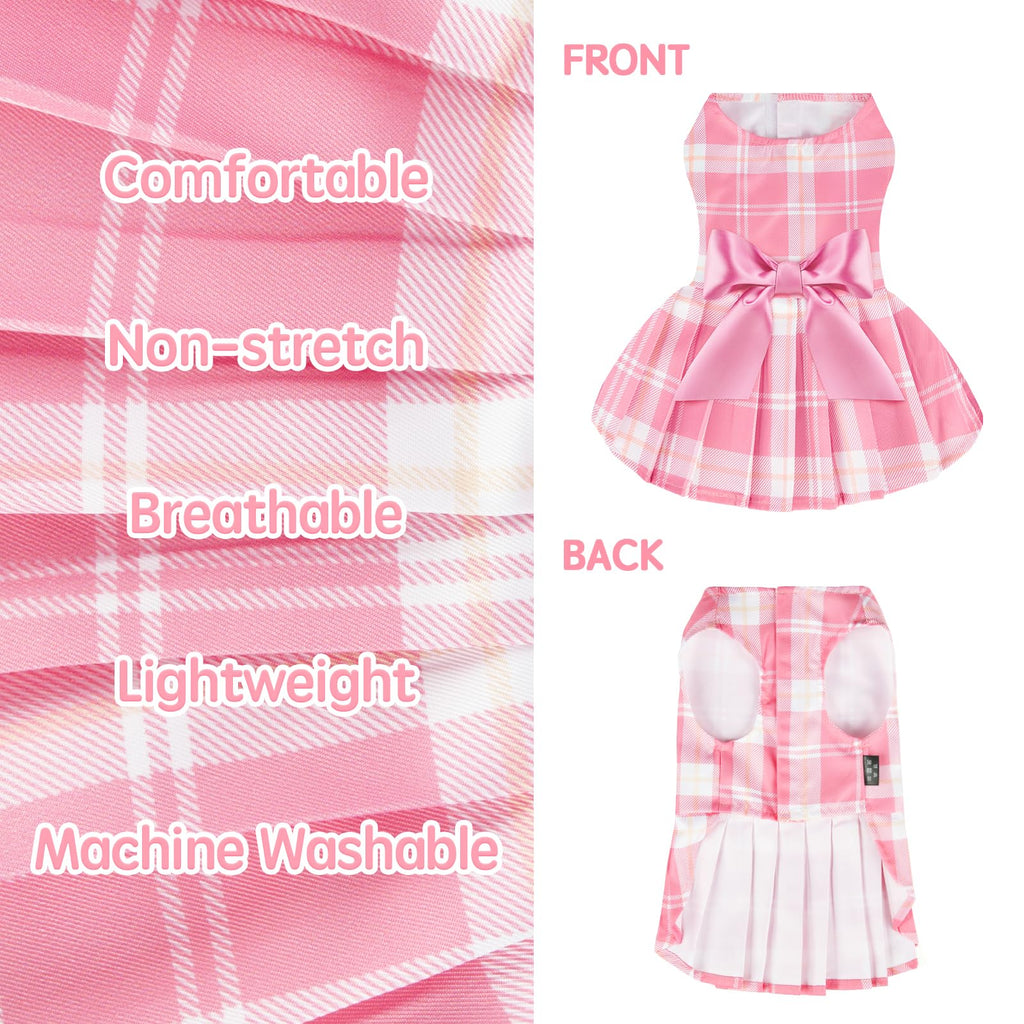 XPUDAC 4 Pack Plaid Dog Dress for Small Dogs – Sweet Bowknot Puppy Dresses for Spring Summer, Pink & Purple, Medium
