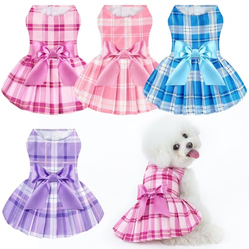 XPUDAC 4 Pack Plaid Dog Dress for Small Dogs – Sweet Bowknot Puppy Dresses for Spring Summer, Pink & Purple, Medium