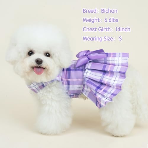 XPUDAC 4 Pack Plaid Dog Dress for Small Dogs – Sweet Bowknot Puppy Dresses for Spring Summer, Pink & Purple, Medium