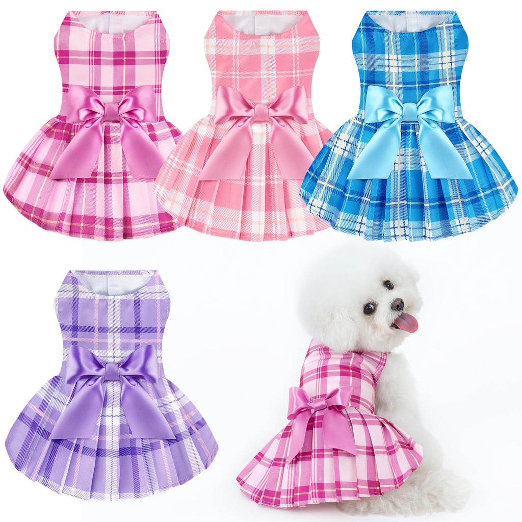 XPUDAC 4-Pack Plaid Dog Dresses for Small Dogs - Bowknot Puppy Outfits for Spring/Summer, Size S (Pink & Purple)
