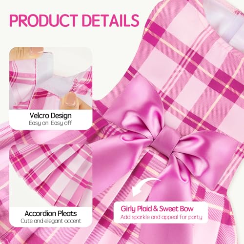 XPUDAC 4-Pack Plaid Dog Dresses for Small Dogs - Bowknot Puppy Outfits for Spring/Summer, Size S (Pink & Purple)