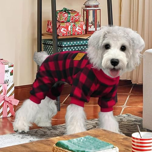 XPUDAC Small Dog Christmas Pajamas – Plaid Fleece Sweater for Tiny Breeds (Chest 13-14.9")