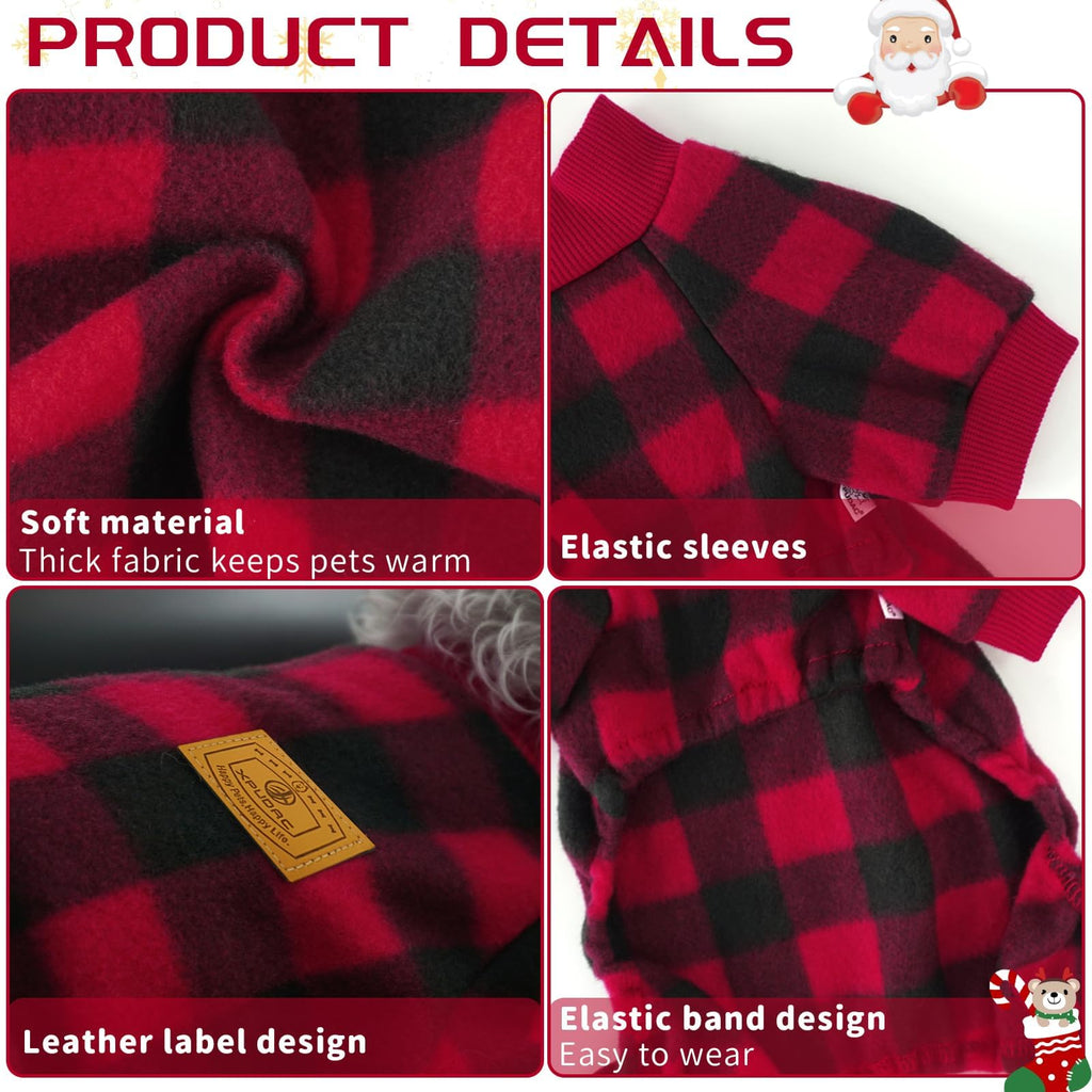 XPUDAC Small Dog Christmas Pajamas – Plaid Fleece Sweater for Tiny Breeds (Chest 13-14.9")