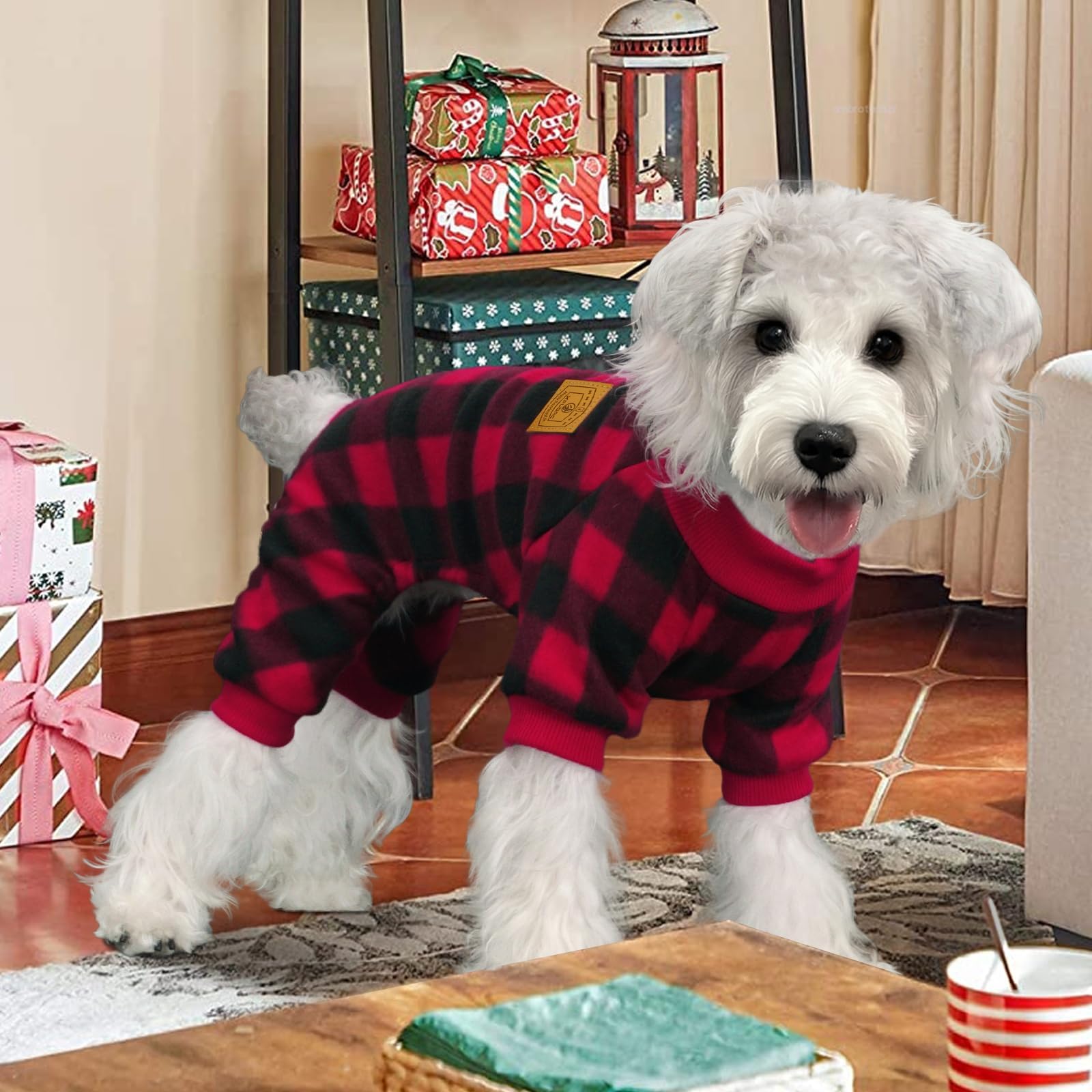 XPUDAC Small Dog Christmas Pajamas – Plaid Fleece Sweater for Tiny Breeds (Chest 13-14.9")