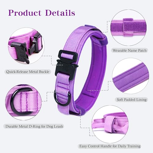 Xqpetlihai Purple Tactical Dog Collar - Adjustable Military Nylon with Control Handle and Heavy Duty Metal Buckle for Medium & Large Dogs Size L