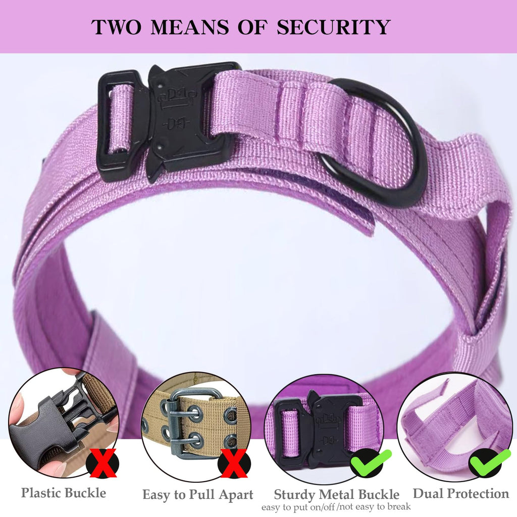 Xqpetlihai Purple Tactical Dog Collar - Adjustable Military Nylon with Control Handle and Heavy Duty Metal Buckle for Medium & Large Dogs Size L
