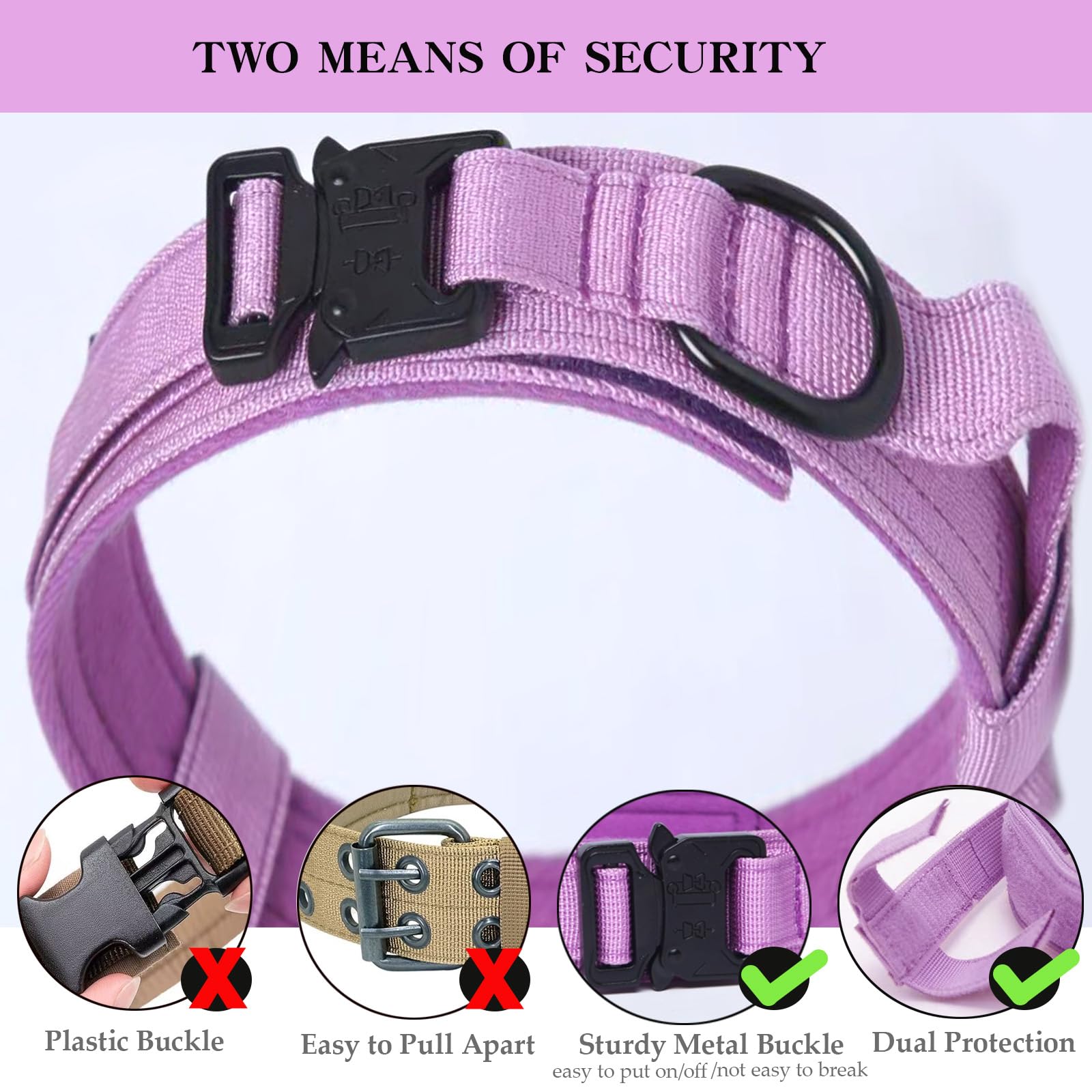 Xqpetlihai Purple Tactical Dog Collar - Adjustable Military Nylon with Control Handle and Heavy Duty Metal Buckle for Medium & Large Dogs Size L