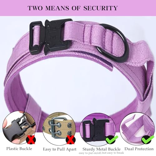 Xqpetlihai Purple Tactical Dog Collar - Adjustable Military Nylon with Control Handle and Heavy Duty Metal Buckle for Medium & Large Dogs Size L