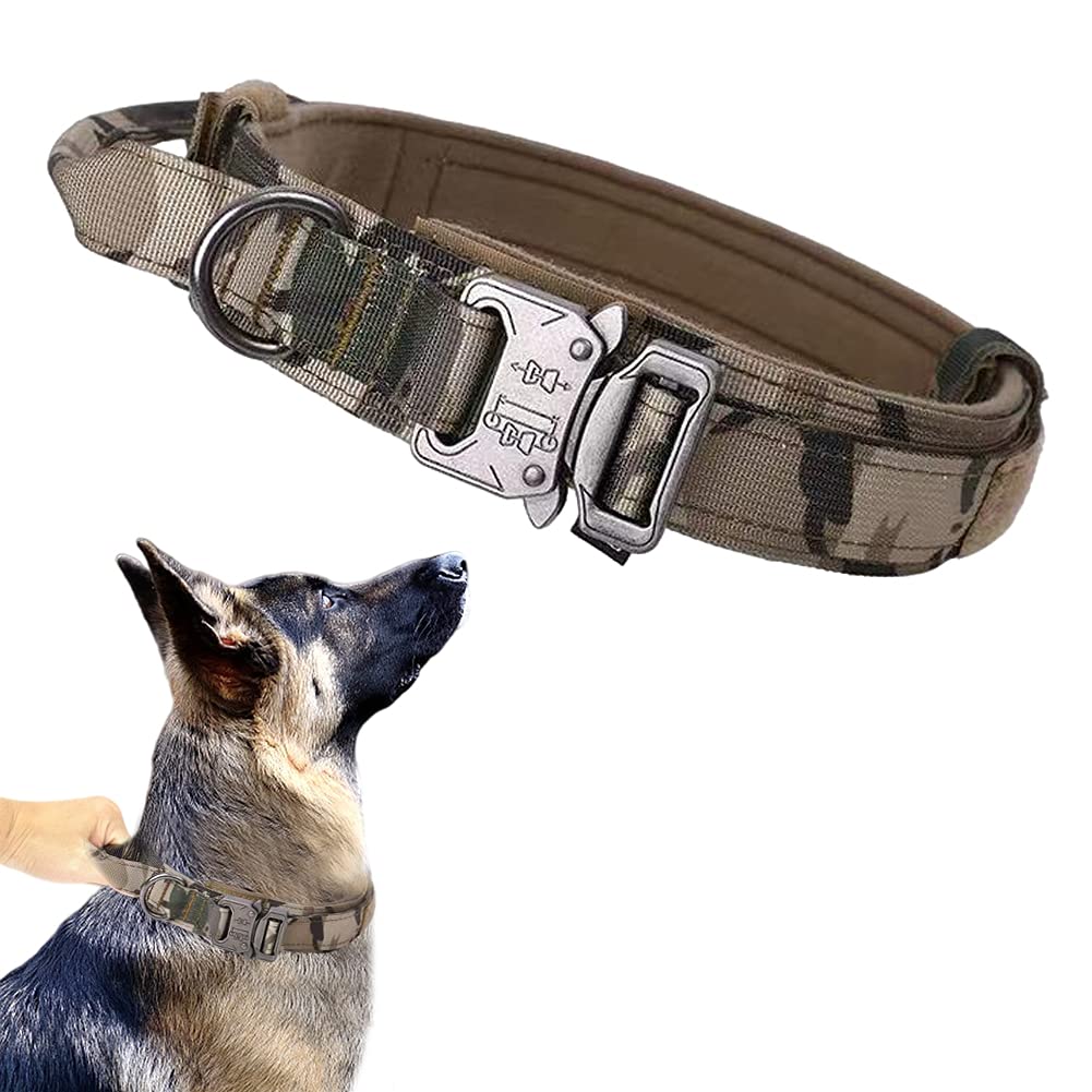 Xqpetlihai Tactical Dog Collar - Adjustable Military Nylon with Control Handle and Metal Buckle for Medium/Large Dogs (Camo, L)