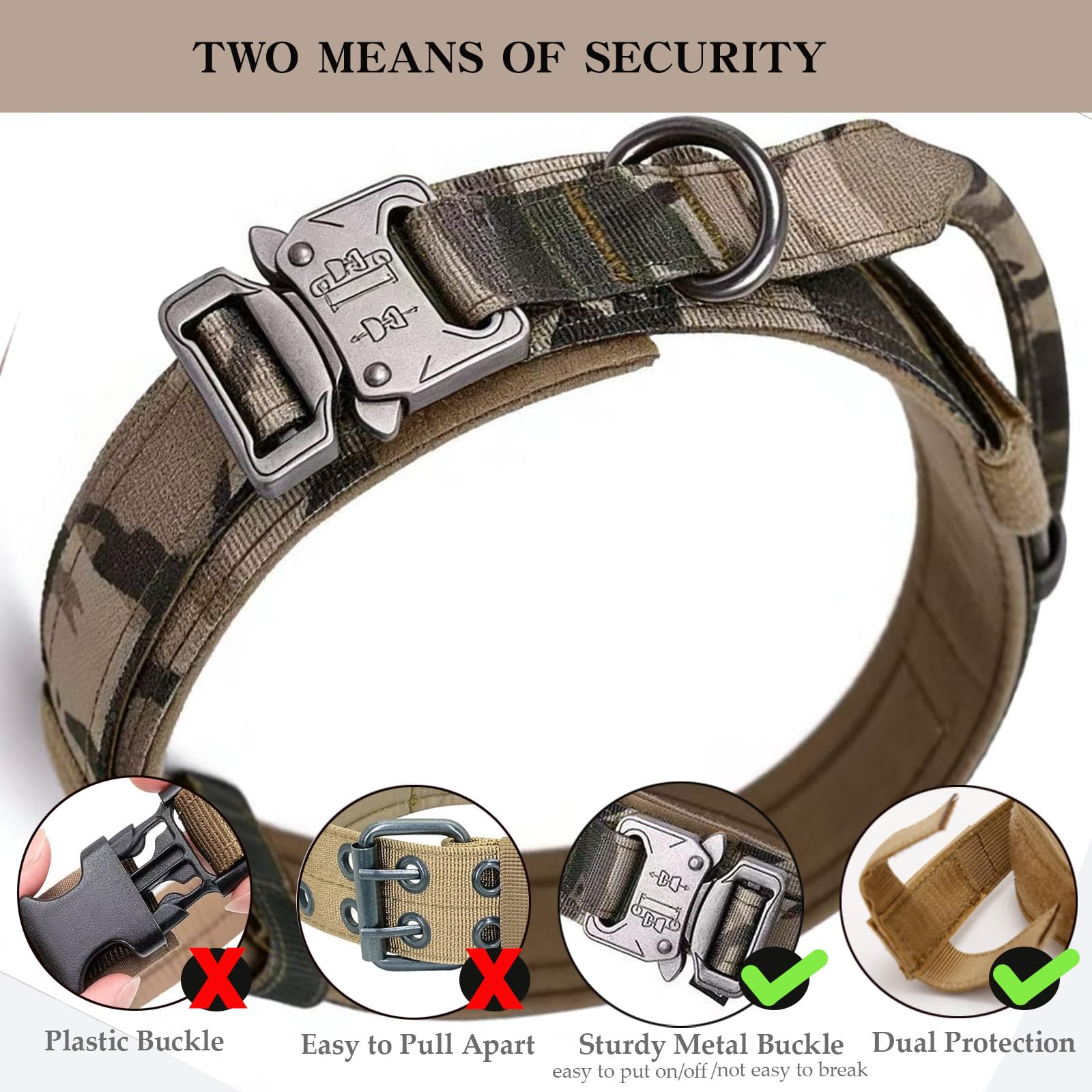 Xqpetlihai Tactical Dog Collar - Adjustable Military Nylon with Control Handle and Metal Buckle for Medium/Large Dogs (Camo, L)