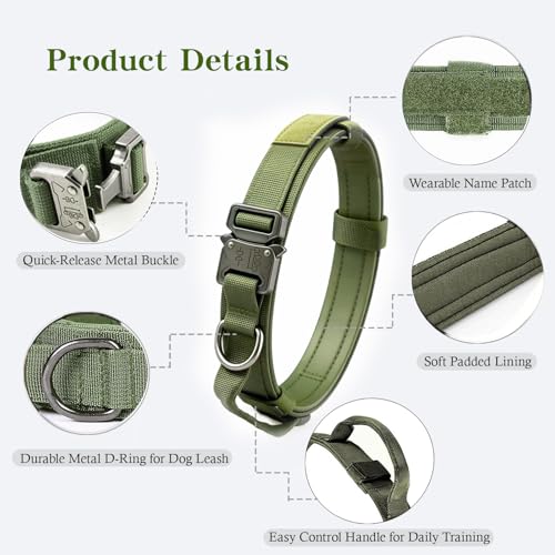 Xqpetlihai Tactical Dog Collar - Adjustable Military Nylon with Control Handle for Medium & Large Dogs (Green, M)
