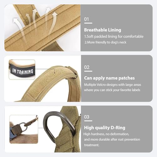 Xqpetlihai Tactical Dog Collar - Brown, XL - Heavy Duty Nylon with Control Handle and Metal Buckle