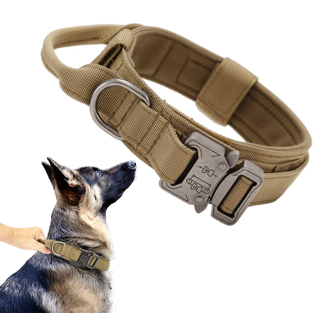Xqpetlihai Tactical Dog Collar - Brown, XL - Heavy Duty Nylon with Control Handle and Metal Buckle