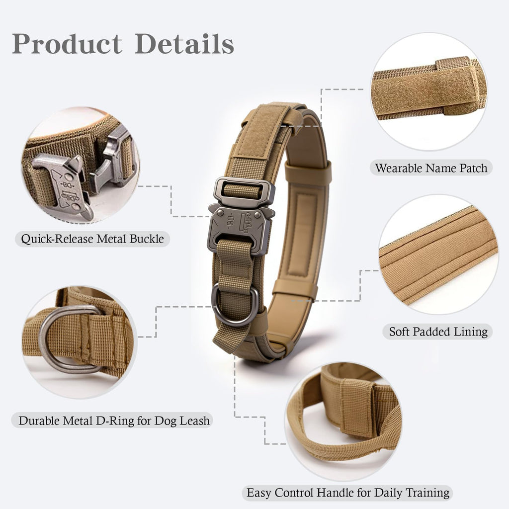 Xqpetlihai Tactical Dog Collar - Brown, XL - Heavy Duty Nylon with Control Handle and Metal Buckle