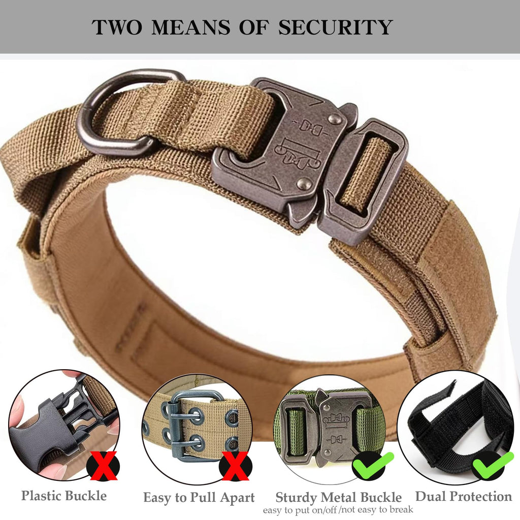 Xqpetlihai Tactical Dog Collar - Brown, XL - Heavy Duty Nylon with Control Handle and Metal Buckle