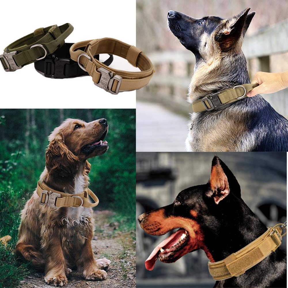 Xqpetlihai Tactical Dog Collar - Brown, XL - Heavy Duty Nylon with Control Handle and Metal Buckle