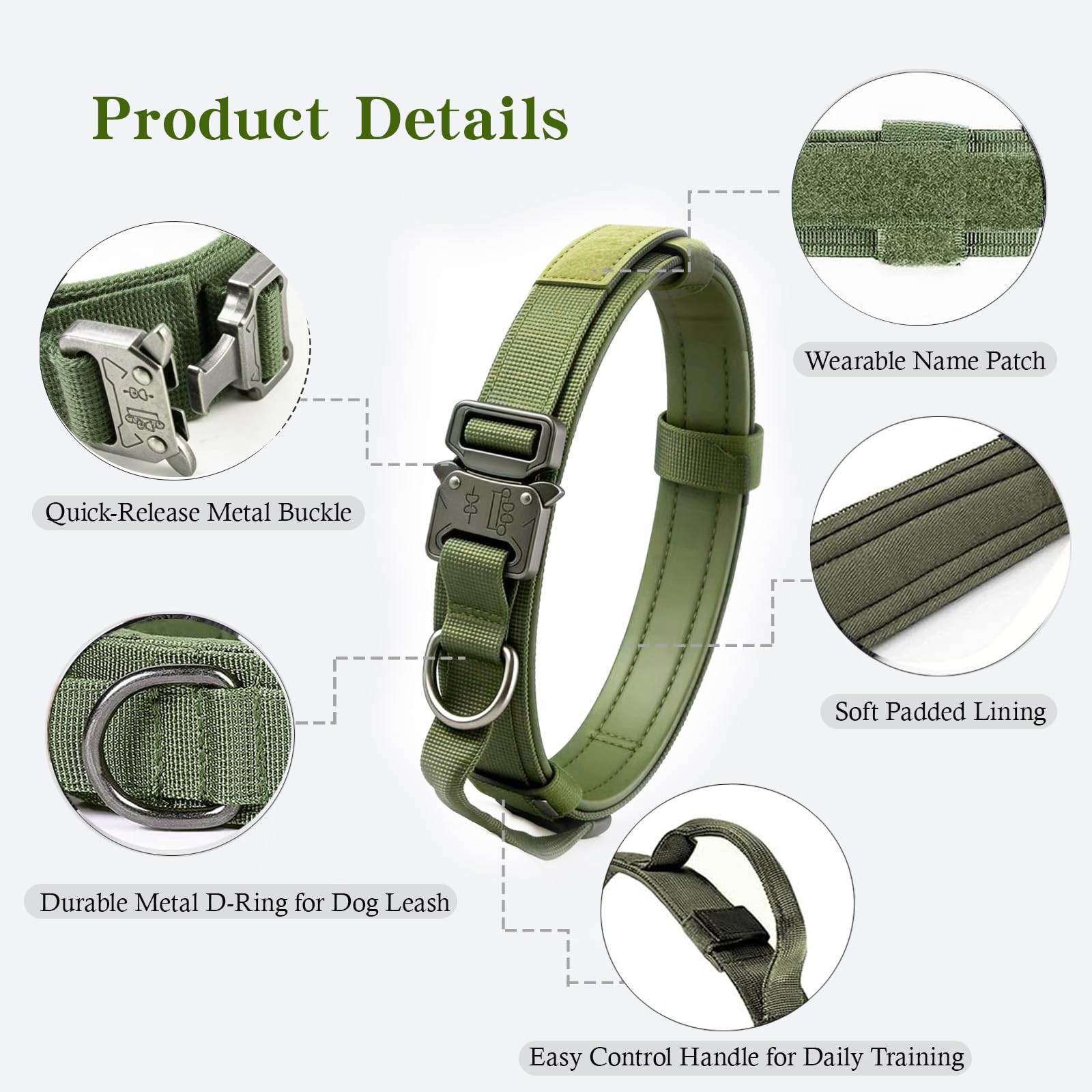 Xqpetlihai Tactical Dog Collar: Adjustable Military Nylon Collar with Control Handle & Heavy Duty Metal Buckle for Medium & Large Dogs (Green, XL)
